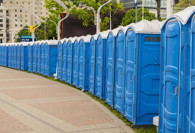 a row of portable restrooms at a fairground, offering visitors a clean and hassle-free experience in lubbock
